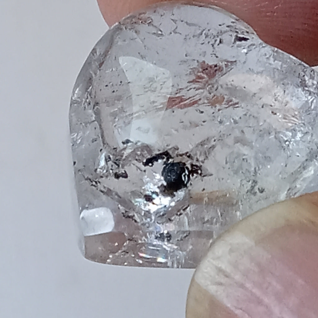 Moving Carbon Chunk Enhydro Quartz Heart - Clear Quartz Heart with Floating Carbon Sand