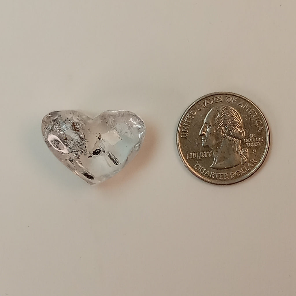 Clear Enhydro Quartz Heart with Moving Carbon Bubble and Floating Sand