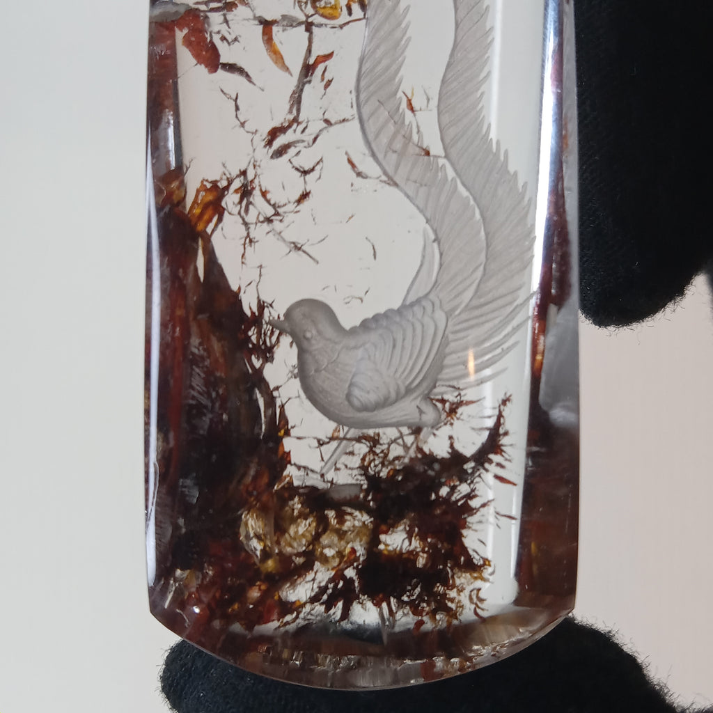 Bird Carving Suspended Inside Hematoid Quartz