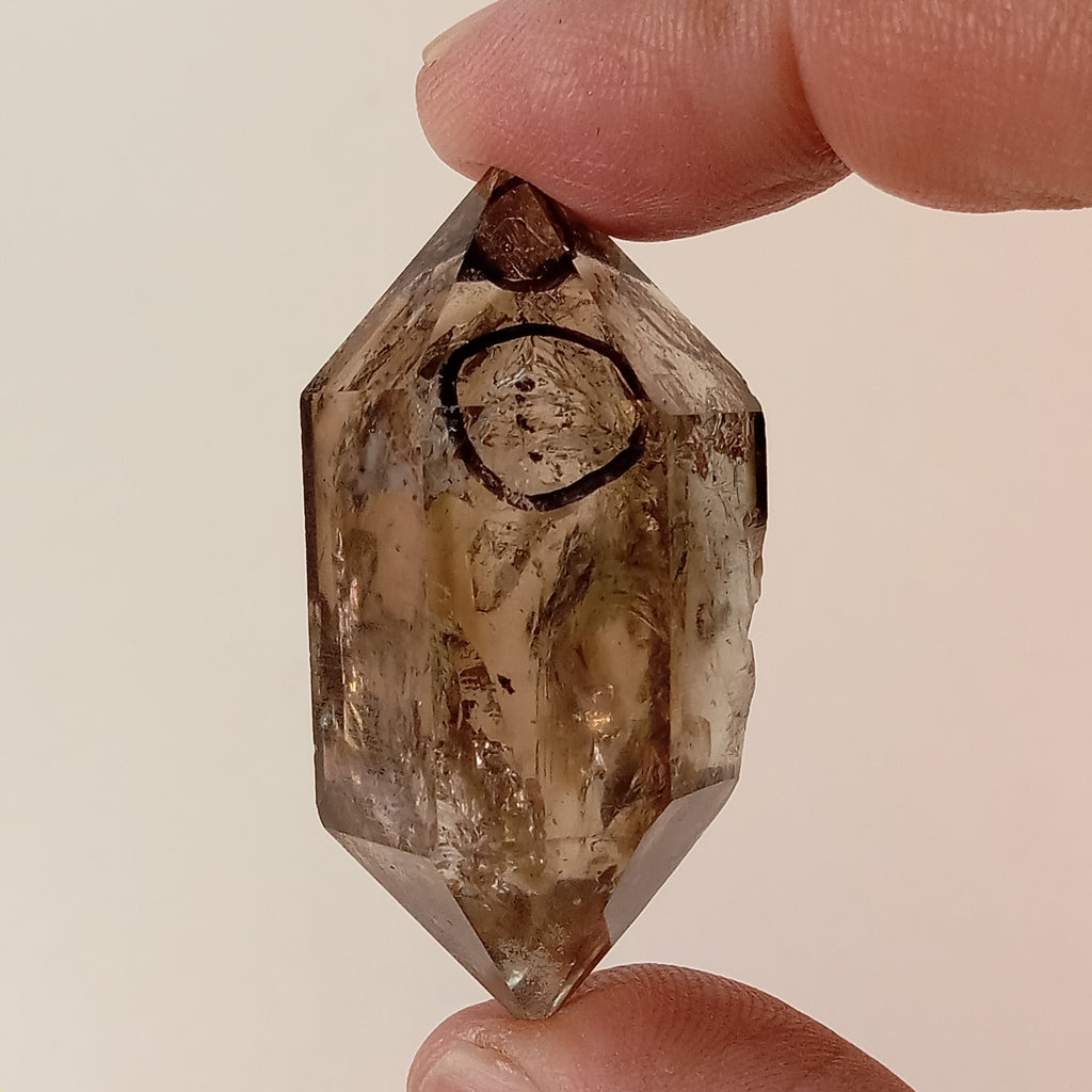 Raw Smoky Enhydro Quartz Double Terminated Crystal with Moving Carbon Sand and Multiple Bubbles