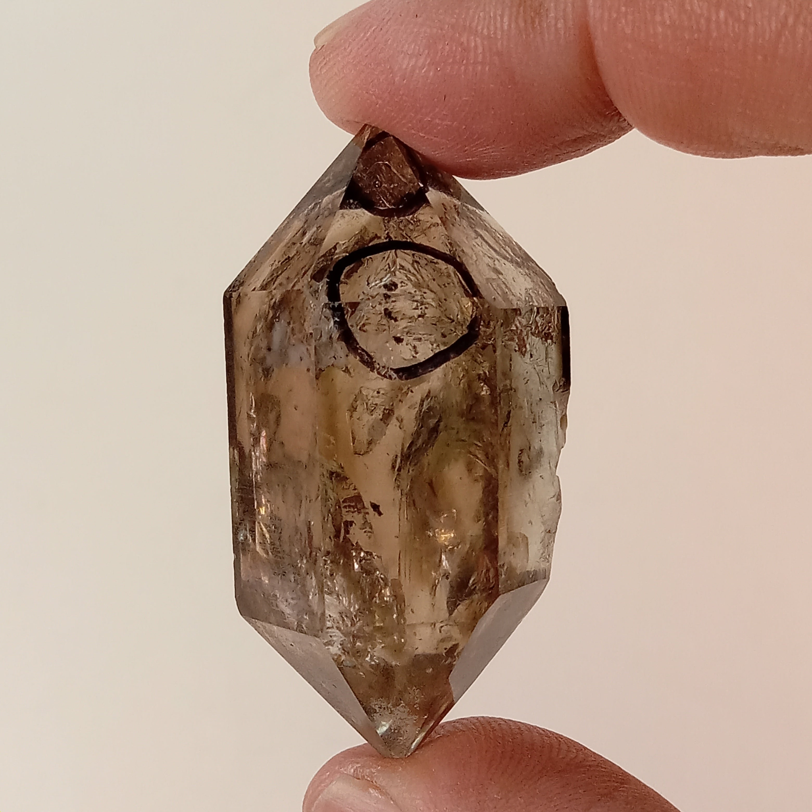 Raw Smoky Enhydro Quartz Double Terminated Crystal with Moving Carbon Sand and Multiple Bubbles