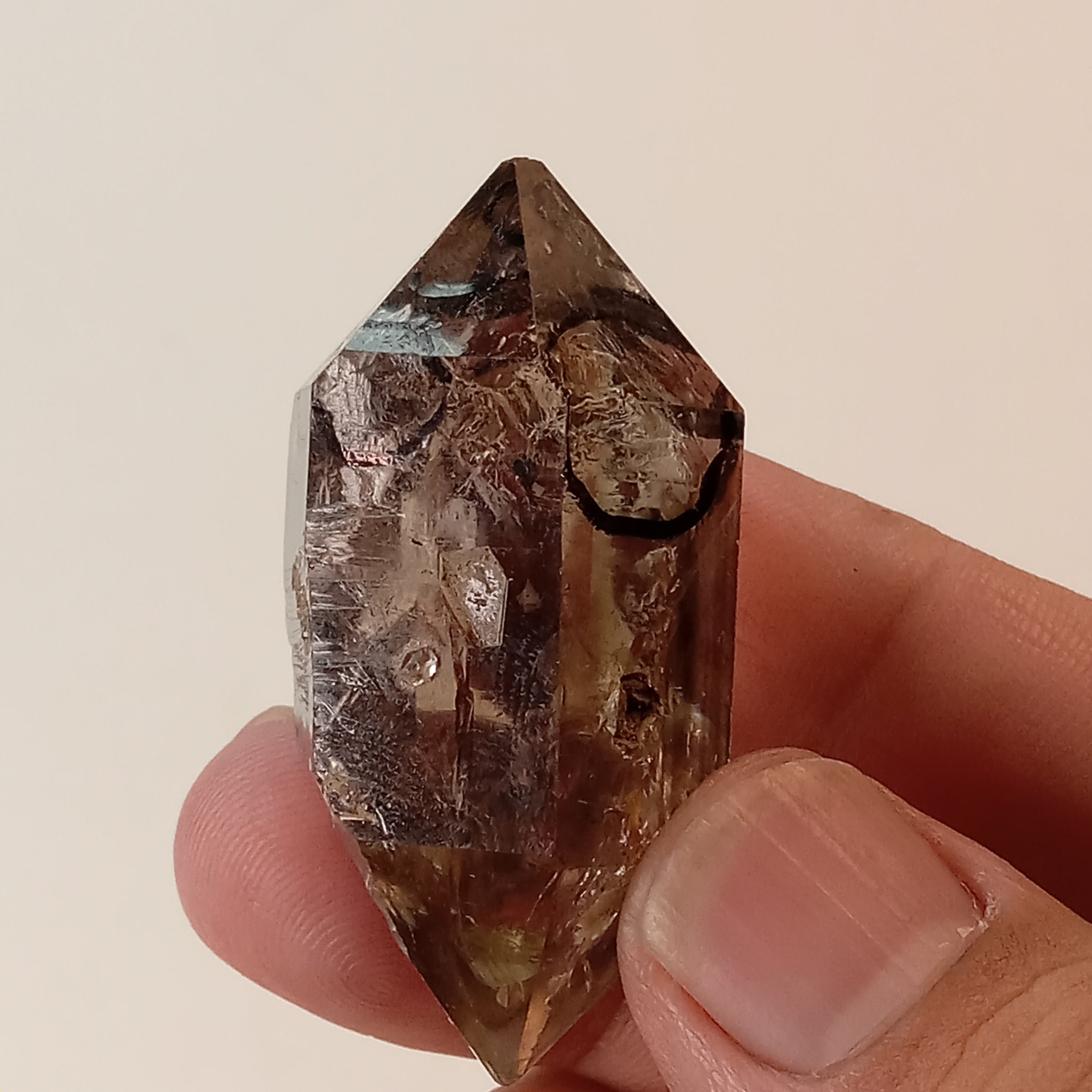 Raw Smoky Enhydro Quartz Double Terminated Crystal with Moving Carbon Sand and Multiple Bubbles