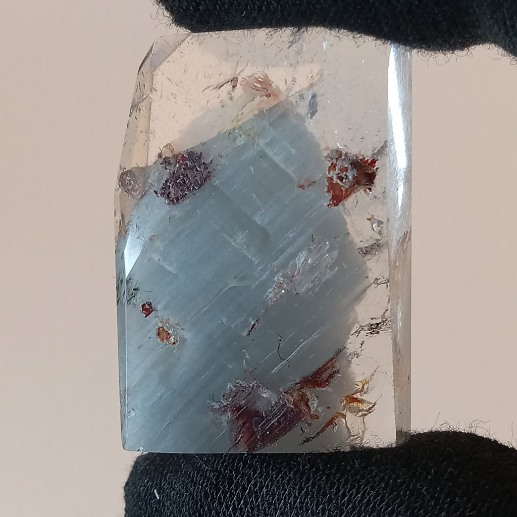 Thousand Layer Garden Quartz Polished Free Form with Blue Layering and Red Mineral Inclusions
