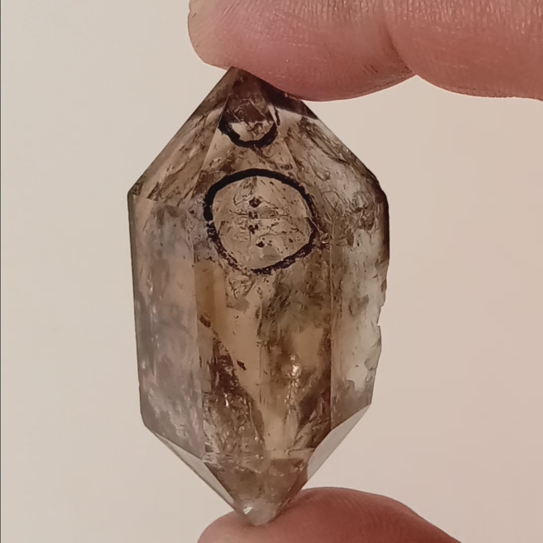 Raw Smoky Enhydro Quartz Double Terminated Crystal with Moving Carbon Sand and Multiple Bubbles