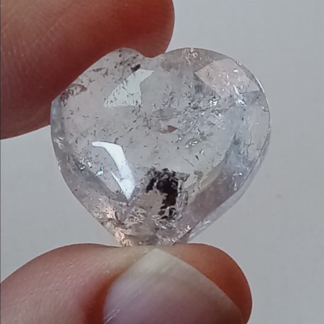 Moving Carbon Chunk Enhydro Quartz Heart - Clear Quartz Heart with Floating Carbon Sand